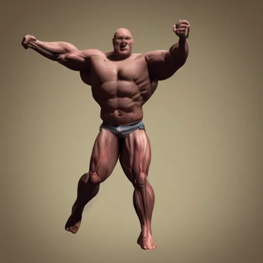 Prompt: extremely muscular bald man, small legs, exaggerated arms, 3 d model, gladiator, small head.