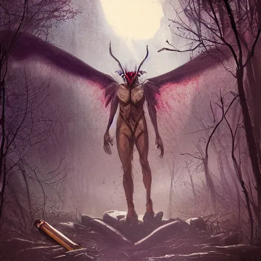 Image similar to scary , epic , Post-processing , low angle , Greg rutkowski legendary matte painting , masterpiece , 8K centered headshot Portrait of a psychedelic godlike mothman posing with a cigar with giant mandala wings smoking a hand-rolled cigarette smoking heavily , magic mushroom village in background , post-processing , award winning. superb resolution. in the art style of Satoshi Kon and Greg Rutkowski , Detailed Mushroom city in background , Hyper realistic anime , Perfect art , Dalle2