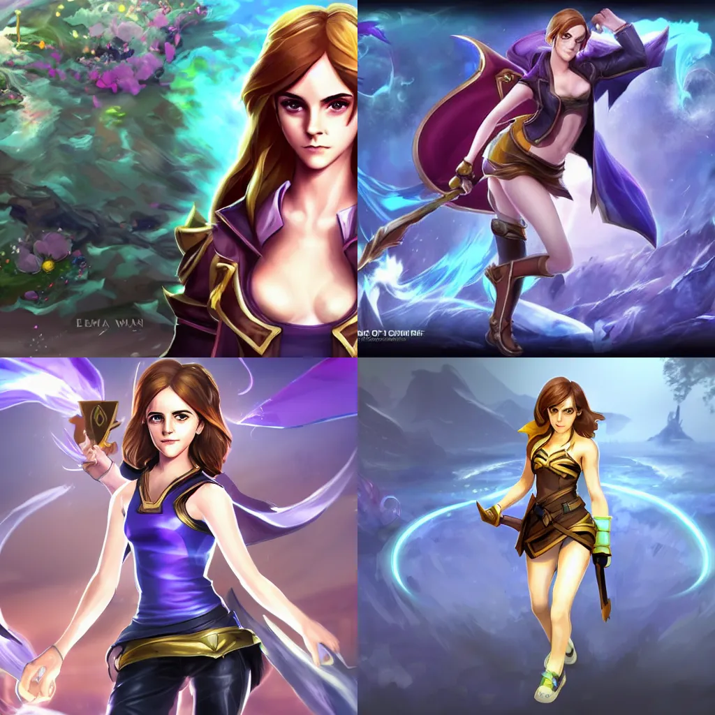 Prompt: Emma Watson in the style of league of legends character full body league of legends splash art