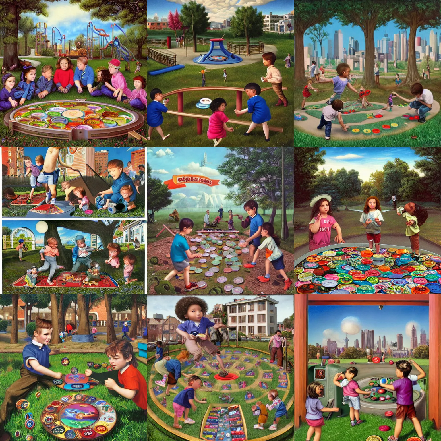 Prompt: children playing with pogs, 1 9 9 0 s school playground, hyperrealistic matte painting, highly detailed, in the style of mark ryden