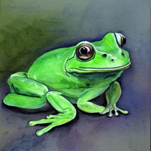 Prompt: sad frog, watercolor painting