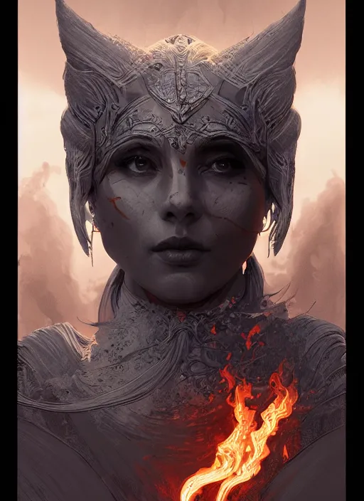 Prompt: portrait, goddess of fire and death, Dynamic lighting, cinematic, establishing shot, extremely high detail, photo realistic, cinematic lighting, pen and ink, intricate line drawings, post processed, concept art, artstation, matte painting, style by Raphael Lacoste, Eddie Mendoza
