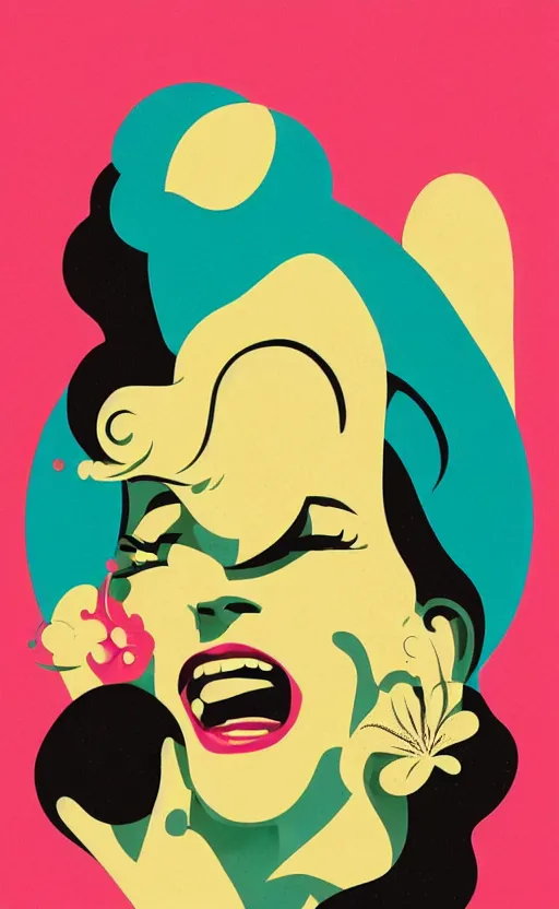 Image similar to illustration portrait of a woman laughing out loud, art deco painting by tom whalen, funny meme photo, trending on behance, digital illustration, storybook illustration, grainy texture, flat shading, vector art, airbrush, pastel, watercolor, poster