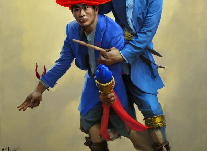 Image similar to greg manchess portrait of a filipino fighter wearing a jester hat victorious holding a man in a blue suit over his head, organic painting, sunny day, matte painting, bold shapes, hard edges, street art, trending on artstation, by huang guangjian, gil elvgren, ruan jia, randy vargas, greg rutkowski