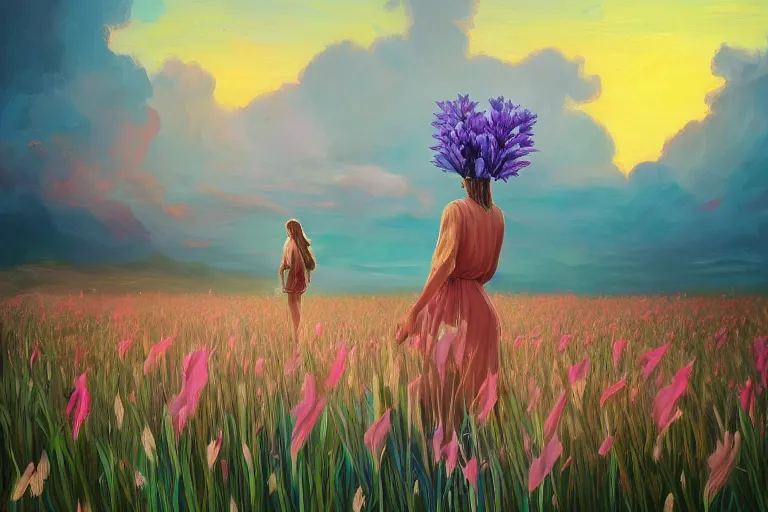 Image similar to giant gladiola head, girl walking in field of flowers, surreal photography, sunrise, blue sky, dramatic light, impressionist painting, digital painting, artstation, simon stalenhag