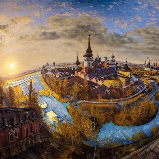 Prompt: photo beautiful magical ancient Slavic Russian city of Kitezh, fisheye lens, painting by Viktor Vasnetsov, concept art, magical city, fantasy cityscape, ancient Slavs, wooden buildings, ancient Russian architecture, terem, hyperborea, top cinematic lighting , cinematic mood, very detailed, 8k, high resolution, trending on artstation,