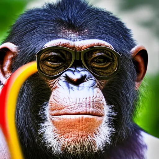 Prompt: high quality 8 k movie still of a smiling and arrogantly wise looking chimpanzee wearing cool round hippie dark sunglasses, highly detailed, cinematic composition, cinematic lighting, 1 9 8 0 s retro hippie vintage hipster art, profile photography