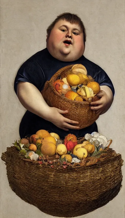 Image similar to hyperrealistic still life painting of a fat young man with a basket of ps4 controllers, by Caravaggio, botanical print