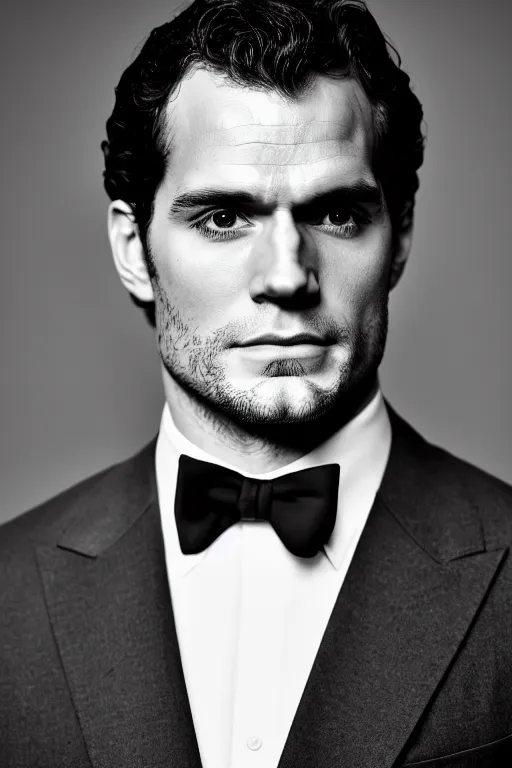 Prompt: portrait of henry cavill wearing an elegant tuxedo, 5 5 mm lens, professional photograph, black and white, elegant, serious, stern look