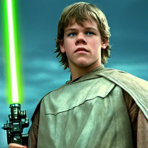 Prompt: young matt damon as luke skywalker in star wars episode 6, 8k resolution, full HD, cinematic lighting, award winning, anatomically correct