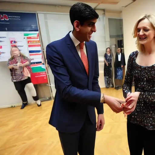 Prompt: rishi sunak and liz truss playing rock paper scissors ,