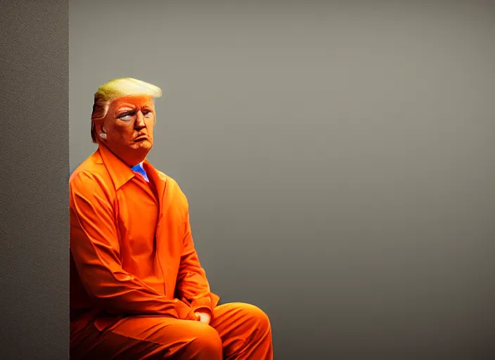 Prompt: portrait photo of donald trump sitting in a jail cell wearing an orange jumpsuit defocused bars in the foreground, studio lighting, key light, 8 k, 8 5 mm f 1. 8
