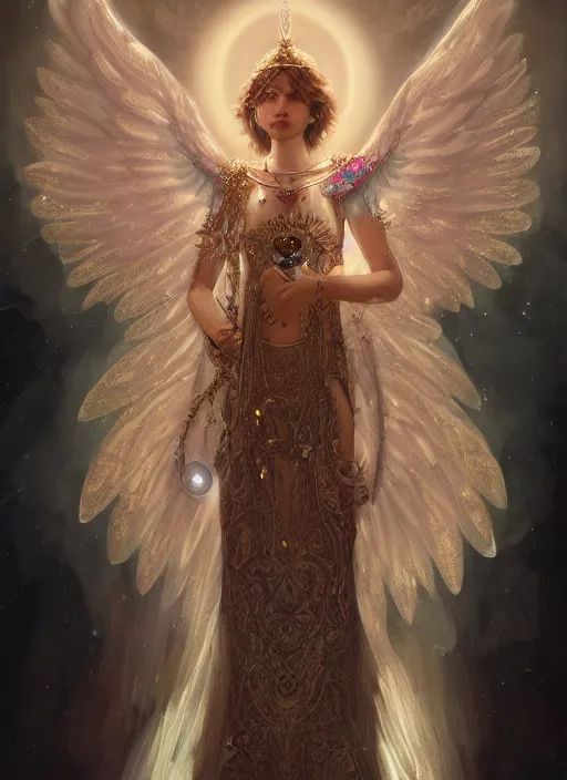 Image similar to A beautiful digital painting of a female Seraphim full of jewels, princess, the moon behind her, intricate, cinematic lighting, highly detailed, digital painting, Artstation, concept art, smooth, sharp focus, illustration, art by Tom Bagshaw, Artgerm and Greg Rutkowski