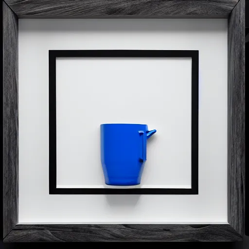 Image similar to an ultra high definition professional studio photograph, 5 0 mm f 1. 4 iso 1 0 0. the photo is set in a plain empty white studio room with a plain white plinth centrally located. the photo depicts an object on the plinth framed centrally. the object is a cup. the cup is coloured red and blue.