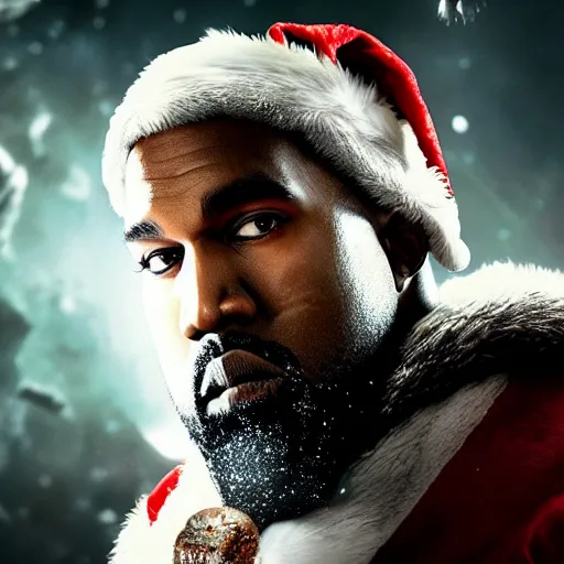 Image similar to Kanye West as santaclaus in 'Gears of War', splash art, movie still, cinematic lighting, detailed face, dramatic, octane render, long lens, shallow depth of field, bokeh, anamorphic lens flare, 8k, hyper detailed, 35mm film grain