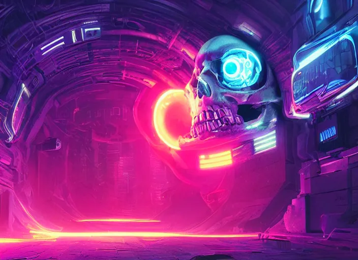 Image similar to a futuristic skull with glowing eyes and a wormhole tunnel, cyberpunk art by ross tran, behance contest winner, computer art, darksynth, synthwave, rendered in cinema 4 d