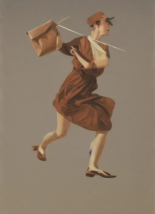 Prompt: woman flying with a paper bag over the head and a sward, Ben Ridgway, highly detailed