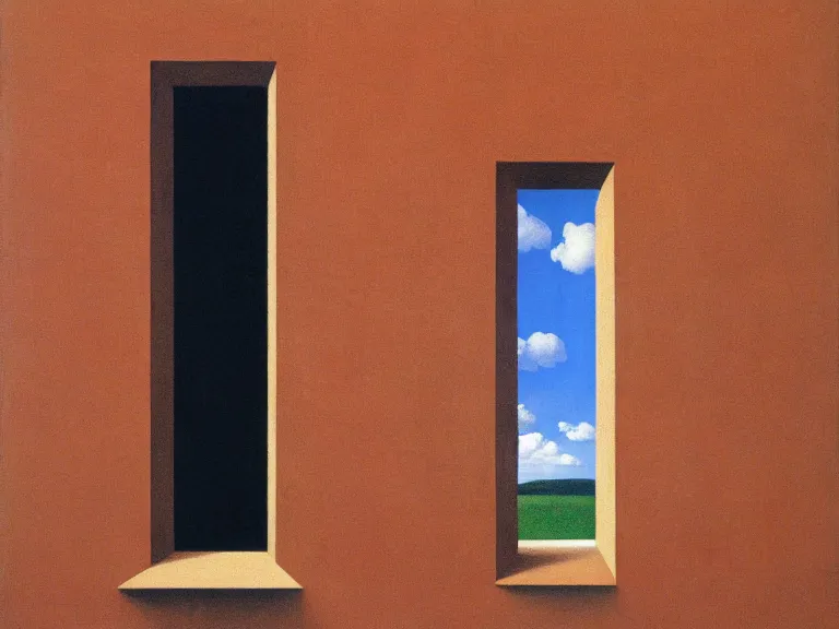 Image similar to an open window to nothingness in brick wall with endless hallway inside, painting by rene magritte, centered, high detail, high resolution