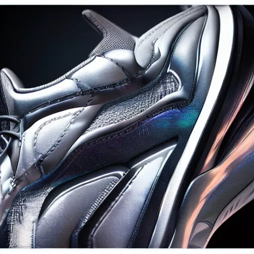 Prompt: product photography extremely detailed futuristic sports sneakers with a detailed foam sole, with holographic elements, 3 d model, hyperrealism, balenciaga style ultra rendered extreme realism and detail, 8 k, highly detailed, realistic, completely framed, pbr, hyper realistic, photorealistic, sharp focus,