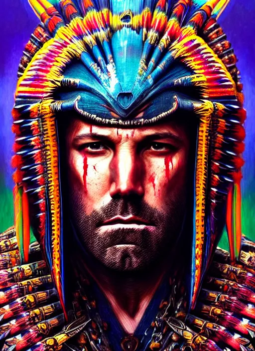 Image similar to portrait of ben affleck, hyper detailed ultra sharp aztec shaman warrior. trending on artstation, warpaint aesthetic, bloodwave, colorful, psychedelic, ornate, intricate, digital painting, concept art, smooth, sharp focus, illustration, art by artgerm and greg rutkowski and h. r. giger, 8 k