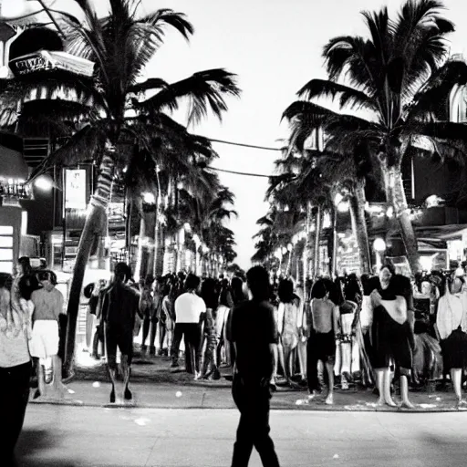 Image similar to a medium shot of a line of people outside of a trendy nightclub at midnight, palm trees on the street, directed by christopher nolan