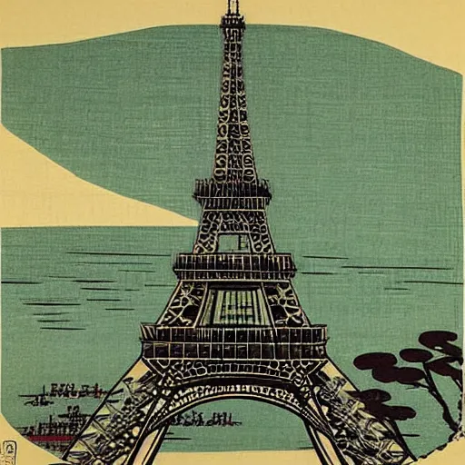 Image similar to eiffel “ tower in paris in the style of a woodblock print by the japanese ukiyo - e artist hokusai ”