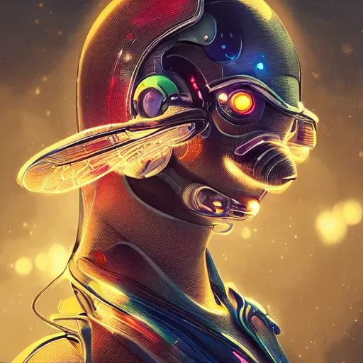 Image similar to portrait futuristic bee animal, in future cyberpunk sydney rooftop , sci-fi, fantasy, intricate, very very beautiful, elegant, human anatomy, neon light, highly detailed, digital painting, artstation, concept art, smooth, sharp focus, illustration, art by tian zi and WLOP and alphonse mucha