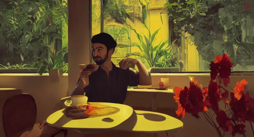 Prompt: isometric view, guy having chai, happy, flowers, absurdly beautiful, elegant, realistic ultrafine hyperrealistic detailed face illustration by amrita sher - gil and wong kar - wai, intricate linework, sharp focus, bright colors, matte, unreal engine highly rendered, global illumination, radiant light, intricate environment