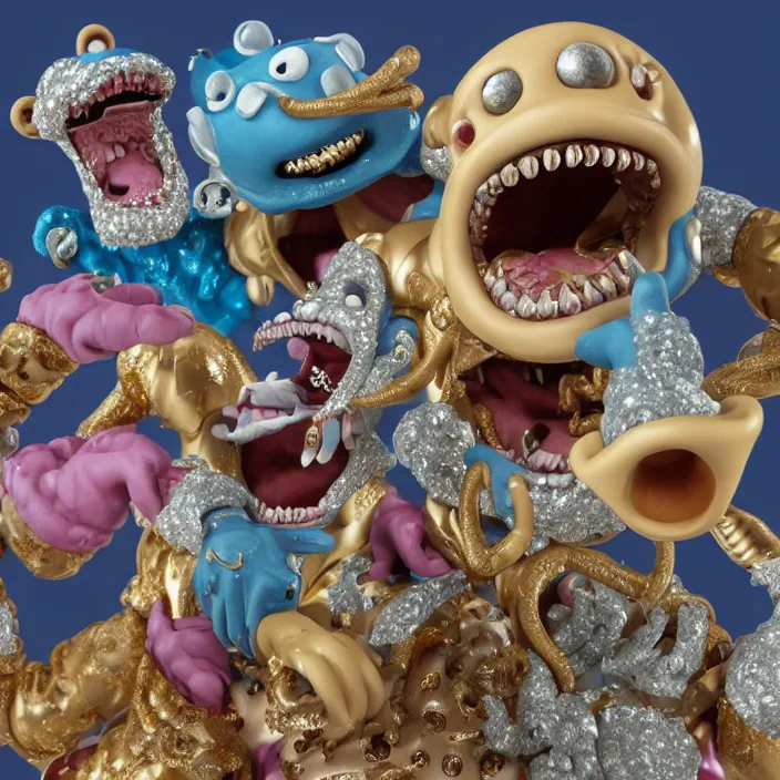 Image similar to jeff koons hip hop style street sharks wearing diamond grillz and a ton of bussdown iced gold bling in wallace & gromit claymation, ultra realistic, concept art, intricate details, serious, highly detailed, photorealistic, octane render, 8 k, unreal engine, art by todd mcfarlane and artgerm and greg rutkowski and alphonse mucha