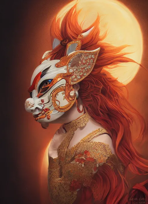 Image similar to a beautiful detailed oil on copper art illustration of a japanese hannya kitsune mask woman, the mask is broken, centered, by charlie bowater, zeng fanzh, trending on artstation, dim dusk lighting, cinematic lighting, detailed lighting, volumetric lighting, realistic, f 8, 4 k hd wallpaper