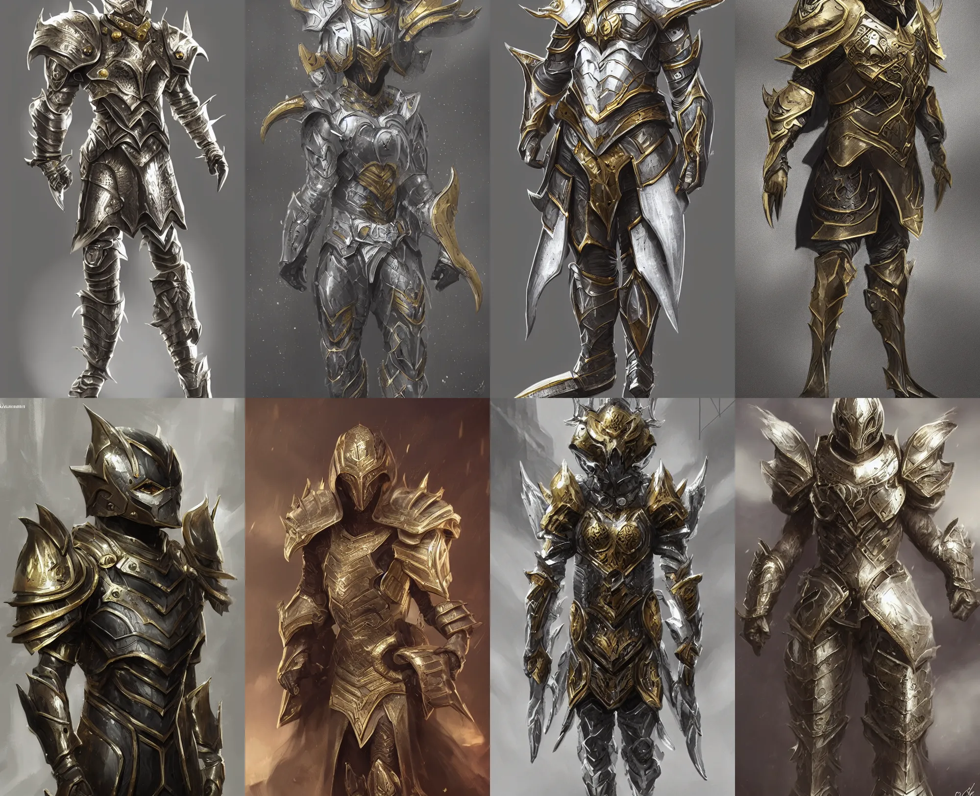 Prompt: concept art, fantasy armor, silver with gold trim, artstation trending, cinematic, highly detailed