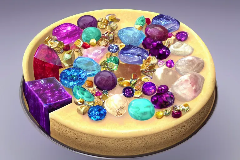 Image similar to Insanely beautiful and delicious-looking cheesecake made of precious stones and gems, photorealistic, 8K, trending on artstation