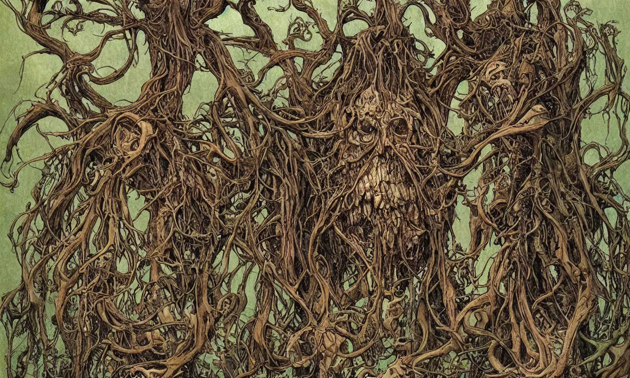 Image similar to hyperdetailed art nouveau portrait of treebeard and old groot as a cthulhu eyeball moose skull wendigo swamp thing creatures, by michael kaluta, pushead and bill sienkiewicz, photorealism, claws, skeleton, antlers, fangs, forest, wild, bizarre, scary, lynn varley, lovern kindzierski, steve oliff