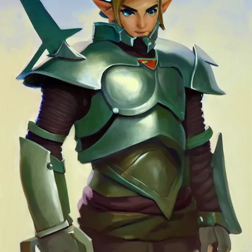 Image similar to greg manchess portrait painting of armored link from legend of zelda as overwatch character, medium shot, asymmetrical, profile picture, organic painting, sunny day, matte painting, bold shapes, hard edges, street art, trending on artstation, by huang guangjian and gil elvgren and sachin teng