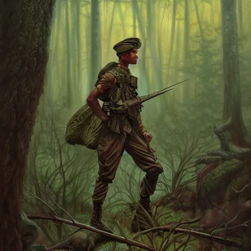 Image similar to male soldier in the forest, by gerald brom!!!, D&D, fantasy, intricate, elegant, highly detailed, digital painting, artstation, concept art, matte, sharp focus, illustration