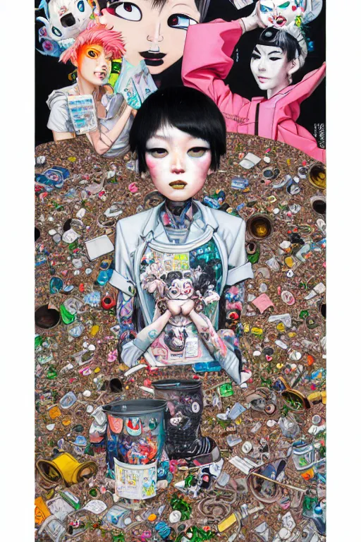 Image similar to full view, from a distance, of anthropomorphic trashcan from japan, style of yoshii chie and hikari shimoda and martine johanna, highly detailed