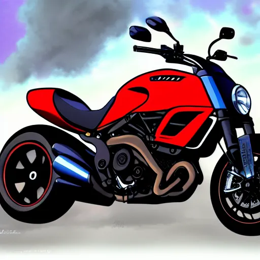 Image similar to anime art vehicle concept art, anime key visual of ducati diavel, on a country road, trending on pixiv fanbox, studio ghibli, extremely high quality artwork