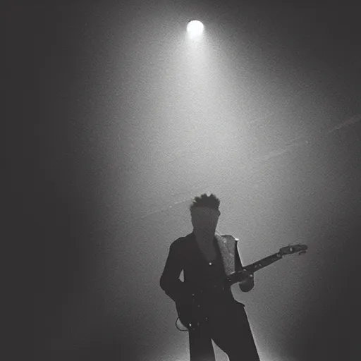 Image similar to a still of Elvis silhouette backstage waiting to play. God rays through, fog.