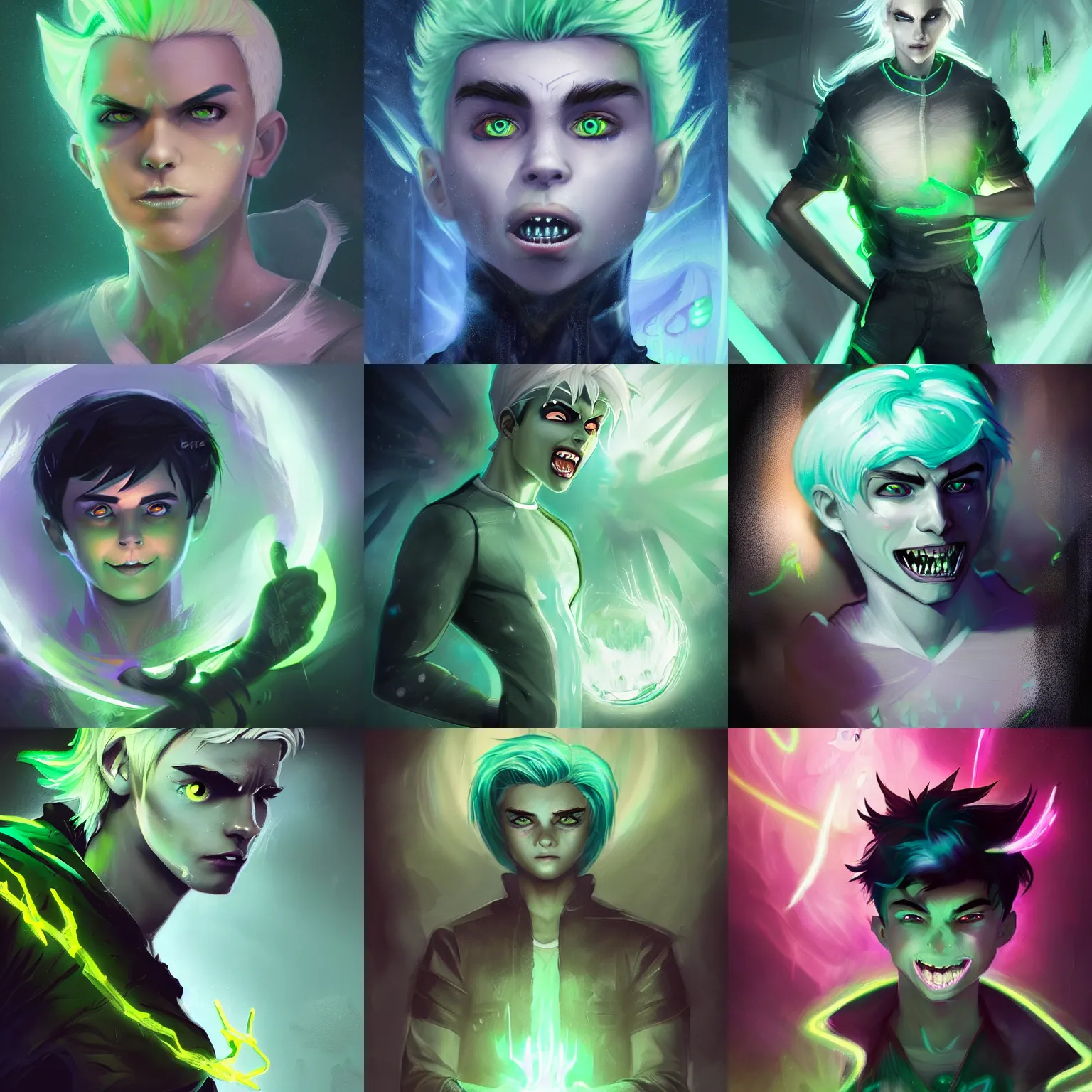Prompt: A digital matte intricate illustration concept art of young Danny phantom with snow white hair and glowing green eyes and sharp teeth fangs alt art fashion inspired art by Charlie Bowater and WLOP and Mark Arian and Ross Tran + neon colors, symmetry , intricate complexity, epic composition, magical atmosphere, highly detailed, cinematic lighting + masterpiece, trending on artstation + 8k