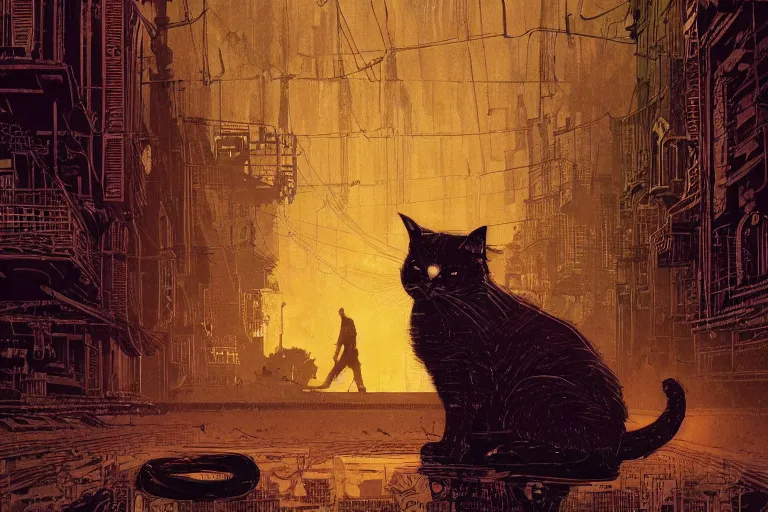 Prompt: A cat in the matrix, moody scene, highly detailed, intricate, sharp details, dystopian mood, by Victo ngai, David Rubín, Mike Mignola, Laurie Greasley, gaston bussiere, craig mullins, somber lighting, drawn by Giacomo Burattini, inspired by graphic novel cover art, 8k by RHADS