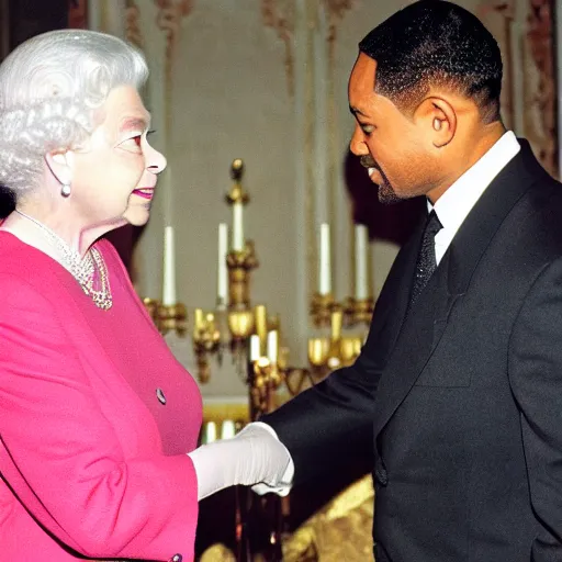 Image similar to Queen Elizabeth slapping Will Smith