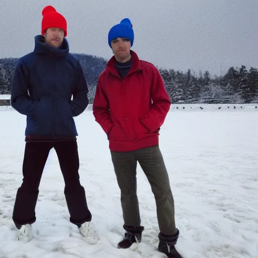 Image similar to two men standing in a snow-covered field, one of them wearing a blue beanie and the other wearing a red beanie, both wearing windbreakers