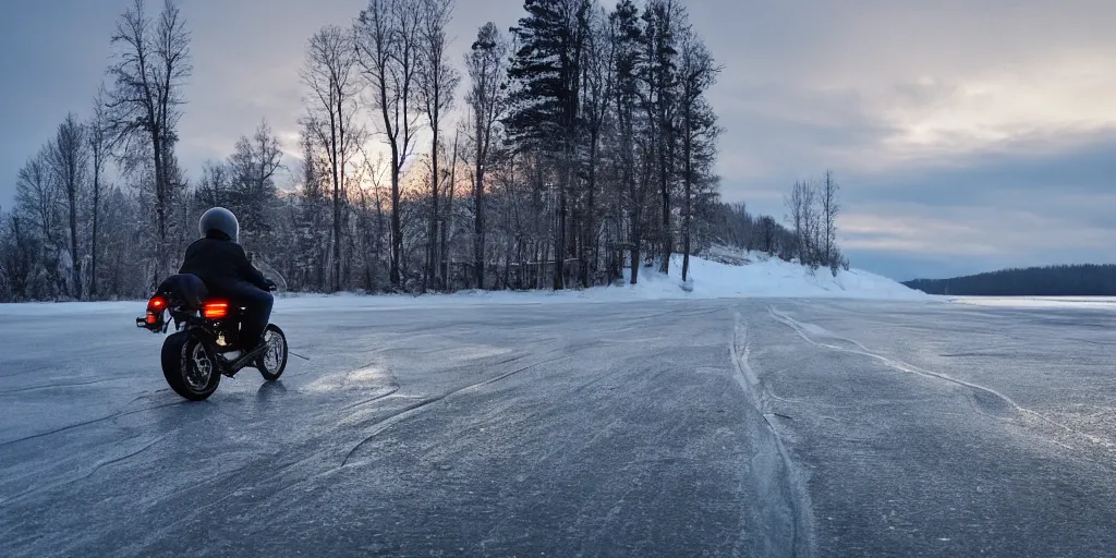 Image similar to motorcycle driving on an icy lake during winter, night time, far away