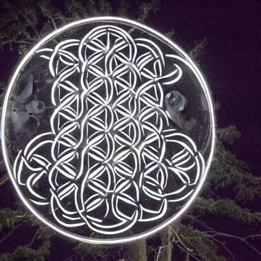 Image similar to Celtic flower of life carved on a tree illuminated by full moonlight, Photo taken with Nikon ISO 2600