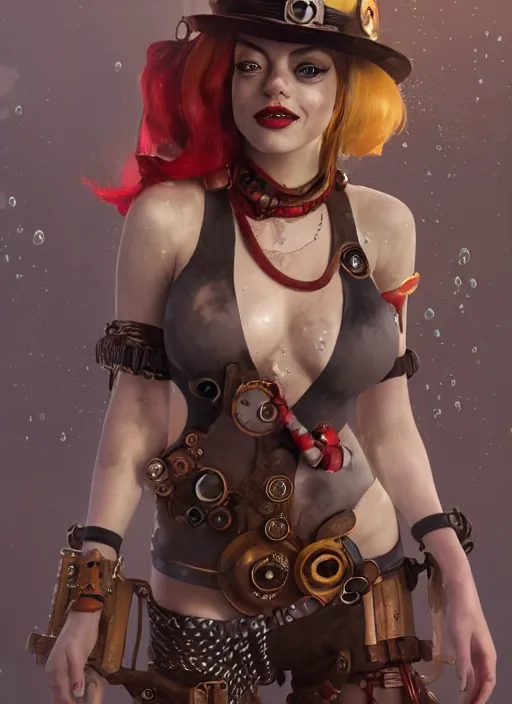 Image similar to underwater steampunk portrait of emma stone as harley quinn, hyper detailed, digital art, trending in artstation, cinematic lighting, studio quality, smooth render, unreal engine 5 rendered, octane rendered, art style by klimt and nixeu and ian sprigger and wlop and krenz cushart.