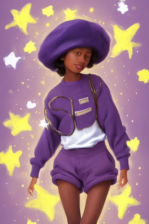 Prompt: Full View of brown skinned girl with short brown skinned hair wearing an oversized purple Beret, Baggy Purple overall shorts, Short Puffy pants made of silk, silk shoes, a big billowy scarf, Golden Ribbon, and white leggings Covered in stars. Short Hair. masterpiece 4k digital illustration by Ruan Jia and Mandy Jurgens and Artgerm and william-adolphe bouguereau, award winning, Artstation, art nouveau aesthetic, Alphonse Mucha background, intricate details, realistic, panoramic view, Hyperdetailed, 8k resolution, intricate art nouveau, in american style pin up.anatomically correct