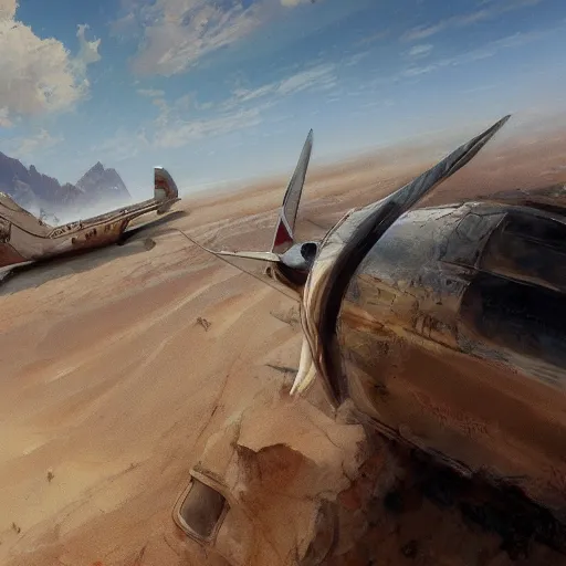 Prompt: Plane crash in the desert, artwork by Craig Mullins,Movie poster, detailed, trending on artstation