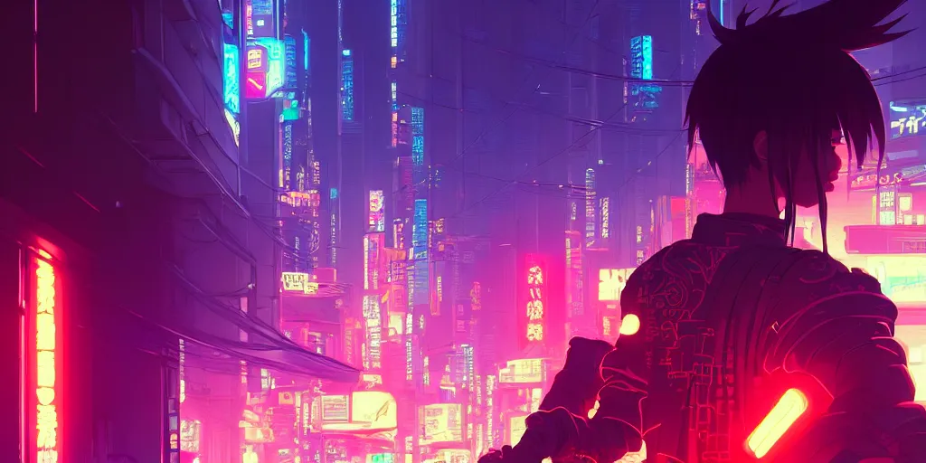 Image similar to digital illustration closeup of cyberpunk samurai in city street at night by makoto shinkai, ilya kuvshinov, lois van baarle, rossdraws, basquiat | afrofuturism, in the style of hearthstone, trending on artstation | cool color scheme