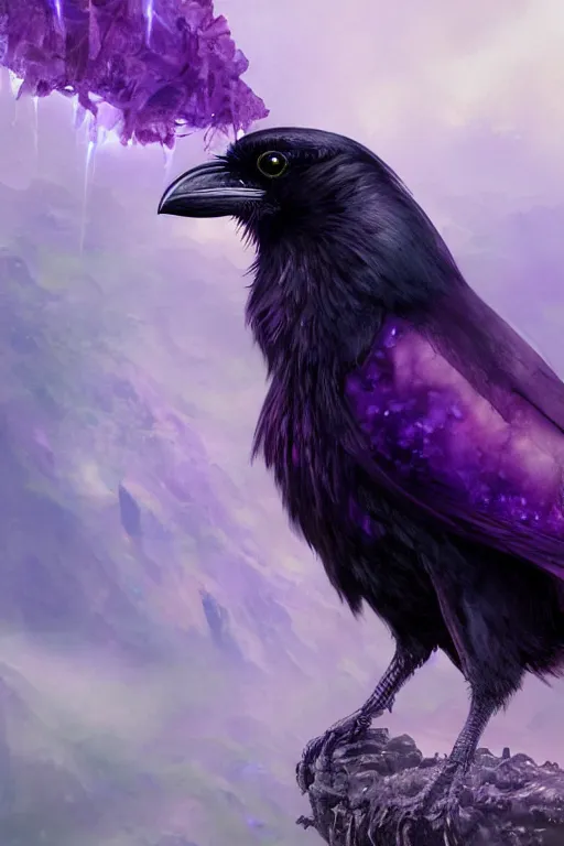 Image similar to portrait of a beautiful one raven perched on purple crystals that are glowing in a misty valley, establishing shot, extremly high detail, foto realistic, cinematic lighting, by yoshitaka amano, ruan jia, kentaro miura, artgerm, post processed, concept art, artstation, raphael lacoste, alex ross