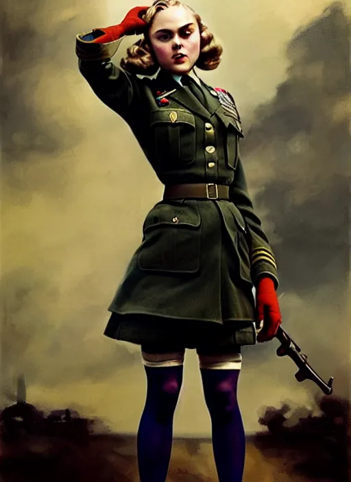 Image similar to annasophia robb in a war world II uniform, looking furious, startled, stockings, looking seductively attire by Greg Rutkowski, John Singer Sargent, Bryan Lee O'Malley, Edward Hopper
